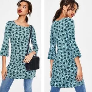 Boden miriam jersey tunic dress starry bird print light blue flare sleeve size 6